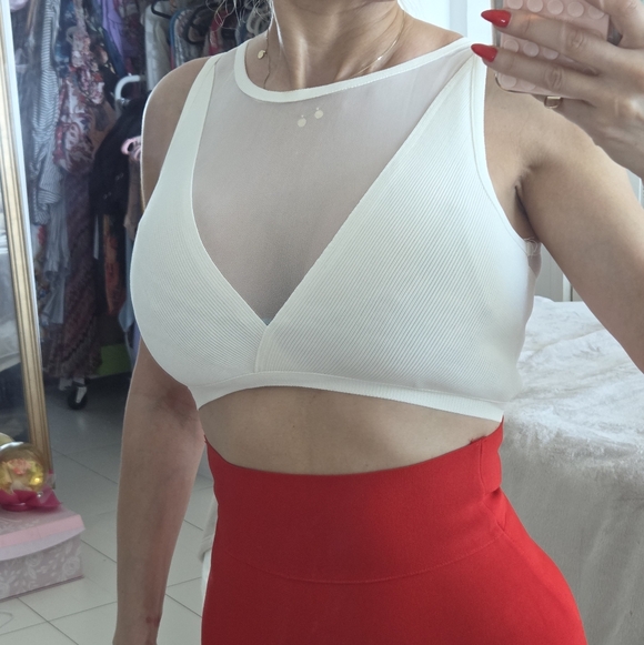 White Mesh-Inset Ribbed Crop Top with Deep V - Picture 3 of 4